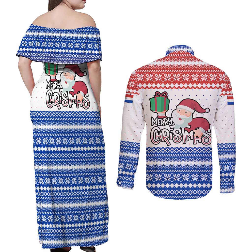Paraguay Christmas Couples Matching Off Shoulder Maxi Dress and Long Sleeve Button Shirt with Red-White-Blue Design, National Seal, and Santa Motif - Wonder Print Shop