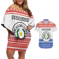 Paraguay Christmas Couples Matching Off Shoulder Short Dress and Hawaiian Shirt with Red-White-Blue Design, National Seal, and Santa Motif - Wonder Print Shop