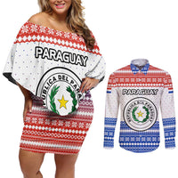 Paraguay Christmas Couples Matching Off Shoulder Short Dress and Long Sleeve Button Shirt with Red-White-Blue Design, National Seal, and Santa Motif - Wonder Print Shop