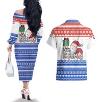 Paraguay Christmas Couples Matching Off The Shoulder Long Sleeve Dress and Hawaiian Shirt with Red-White-Blue Design, National Seal, and Santa Motif - Wonder Print Shop
