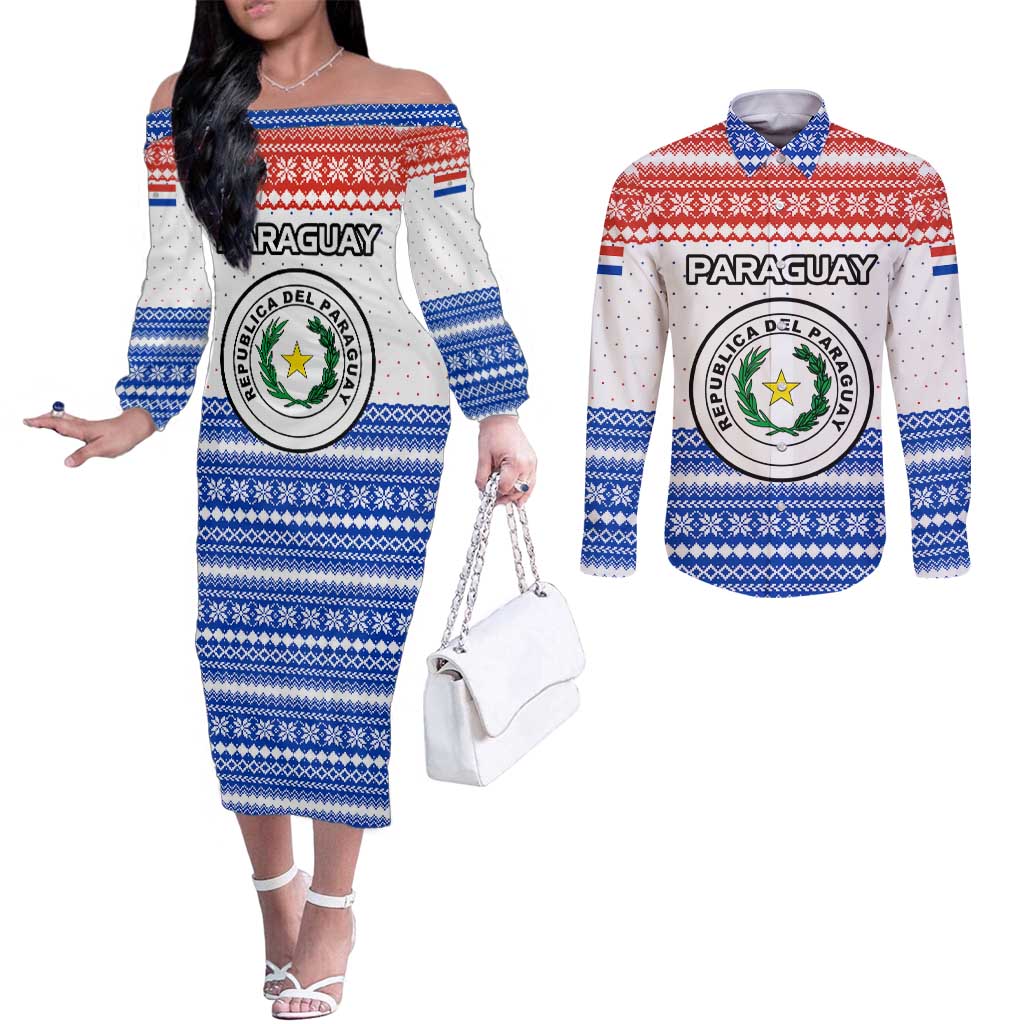 Paraguay Christmas Couples Matching Off The Shoulder Long Sleeve Dress and Long Sleeve Button Shirt with Red-White-Blue Design, National Seal, and Santa Motif - Wonder Print Shop