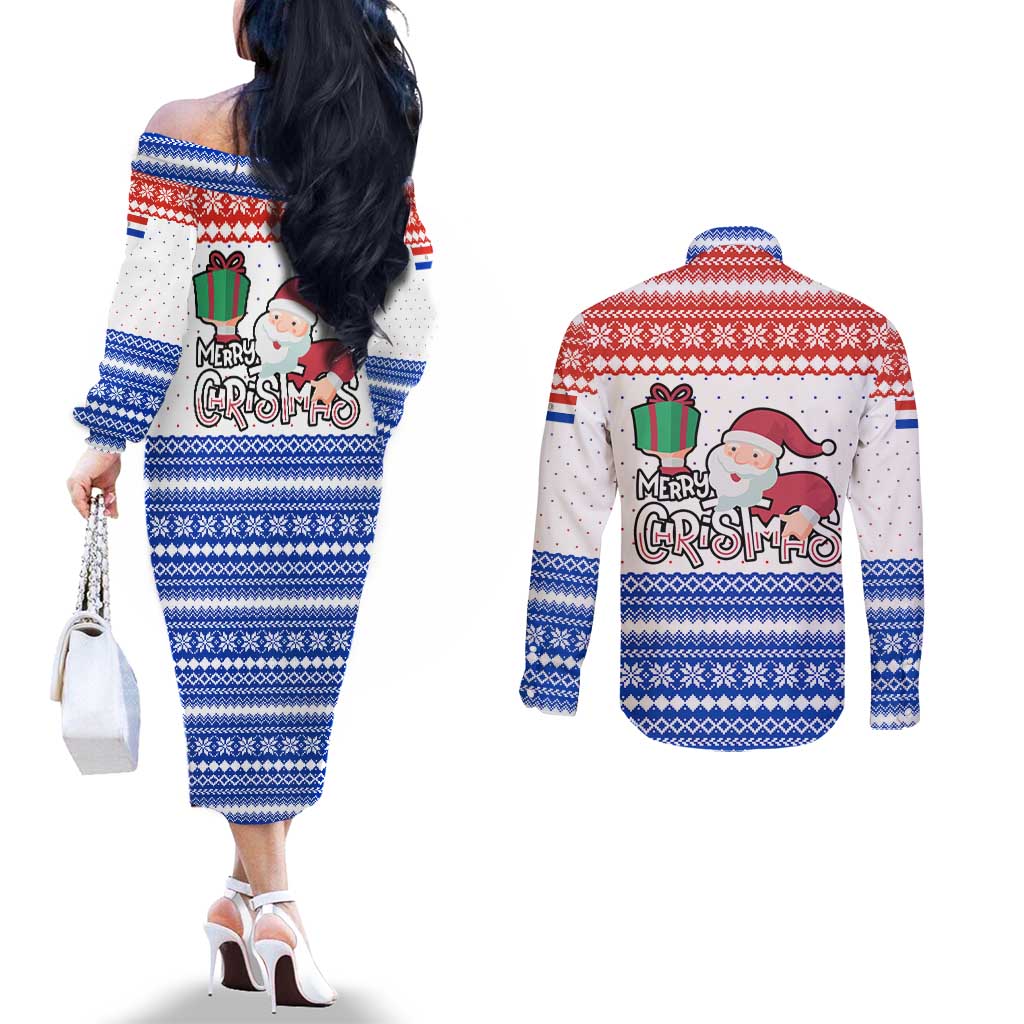 Paraguay Christmas Couples Matching Off The Shoulder Long Sleeve Dress and Long Sleeve Button Shirt with Red-White-Blue Design, National Seal, and Santa Motif - Wonder Print Shop