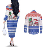 Paraguay Christmas Couples Matching Off The Shoulder Long Sleeve Dress and Long Sleeve Button Shirt with Red-White-Blue Design, National Seal, and Santa Motif - Wonder Print Shop