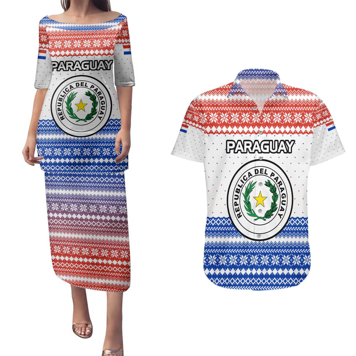 Paraguay Christmas Couples Matching Puletasi and Hawaiian Shirt with Red-White-Blue Design, National Seal, and Santa Motif - Wonder Print Shop