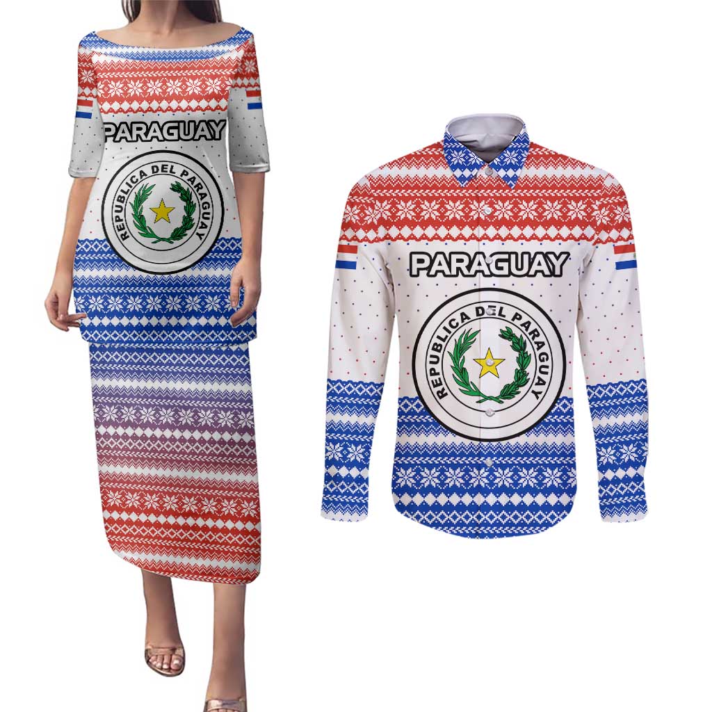 Paraguay Christmas Couples Matching Puletasi and Long Sleeve Button Shirt with Red-White-Blue Design, National Seal, and Santa Motif - Wonder Print Shop
