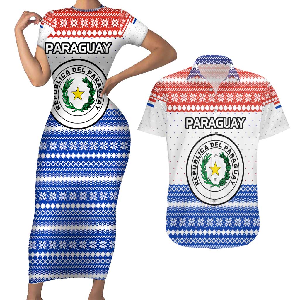 Paraguay Christmas Couples Matching Short Sleeve Bodycon Dress and Hawaiian Shirt with Red-White-Blue Design, National Seal, and Santa Motif - Wonder Print Shop