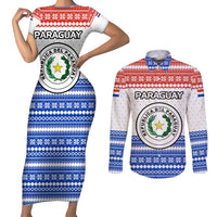 Paraguay Christmas Couples Matching Short Sleeve Bodycon Dress and Long Sleeve Button Shirt with Red-White-Blue Design, National Seal, and Santa Motif - Wonder Print Shop