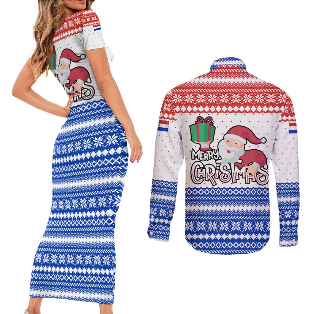 Paraguay Christmas Couples Matching Short Sleeve Bodycon Dress and Long Sleeve Button Shirt with Red-White-Blue Design, National Seal, and Santa Motif - Wonder Print Shop
