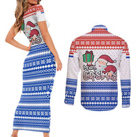 Paraguay Christmas Couples Matching Short Sleeve Bodycon Dress and Long Sleeve Button Shirt with Red-White-Blue Design, National Seal, and Santa Motif - Wonder Print Shop