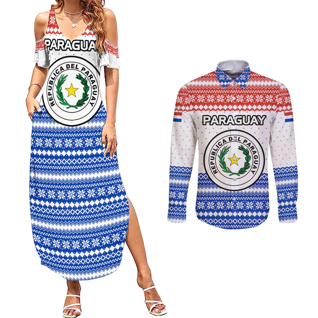 Paraguay Christmas Couples Matching Summer Maxi Dress and Long Sleeve Button Shirt with Red-White-Blue Design, National Seal, and Santa Motif - Wonder Print Shop