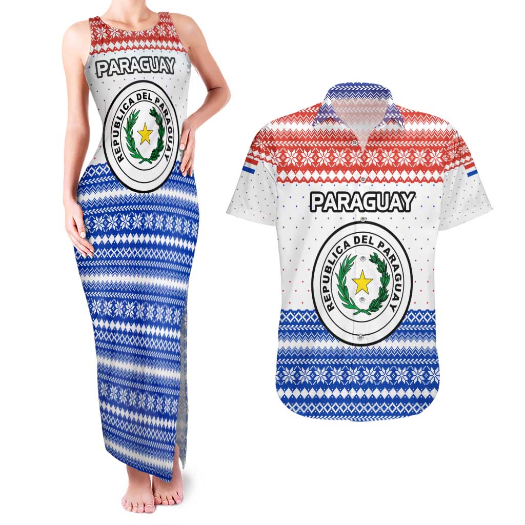 Paraguay Christmas Couples Matching Tank Maxi Dress and Hawaiian Shirt with Red-White-Blue Design, National Seal, and Santa Motif - Wonder Print Shop