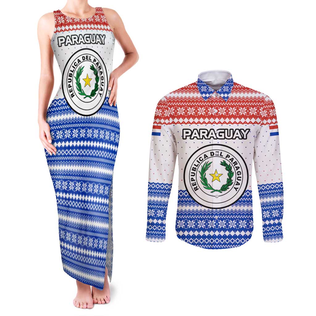 Paraguay Christmas Couples Matching Tank Maxi Dress and Long Sleeve Button Shirt with Red-White-Blue Design, National Seal, and Santa Motif - Wonder Print Shop