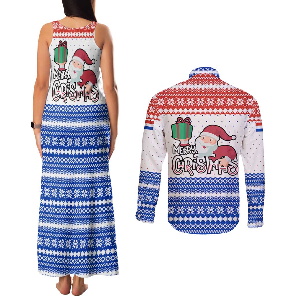 Paraguay Christmas Couples Matching Tank Maxi Dress and Long Sleeve Button Shirt with Red-White-Blue Design, National Seal, and Santa Motif - Wonder Print Shop