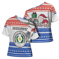 Paraguay Christmas Cross Shoulder Shirt with Red-White-Blue Design, National Seal, and Santa Motif - Wonder Print Shop