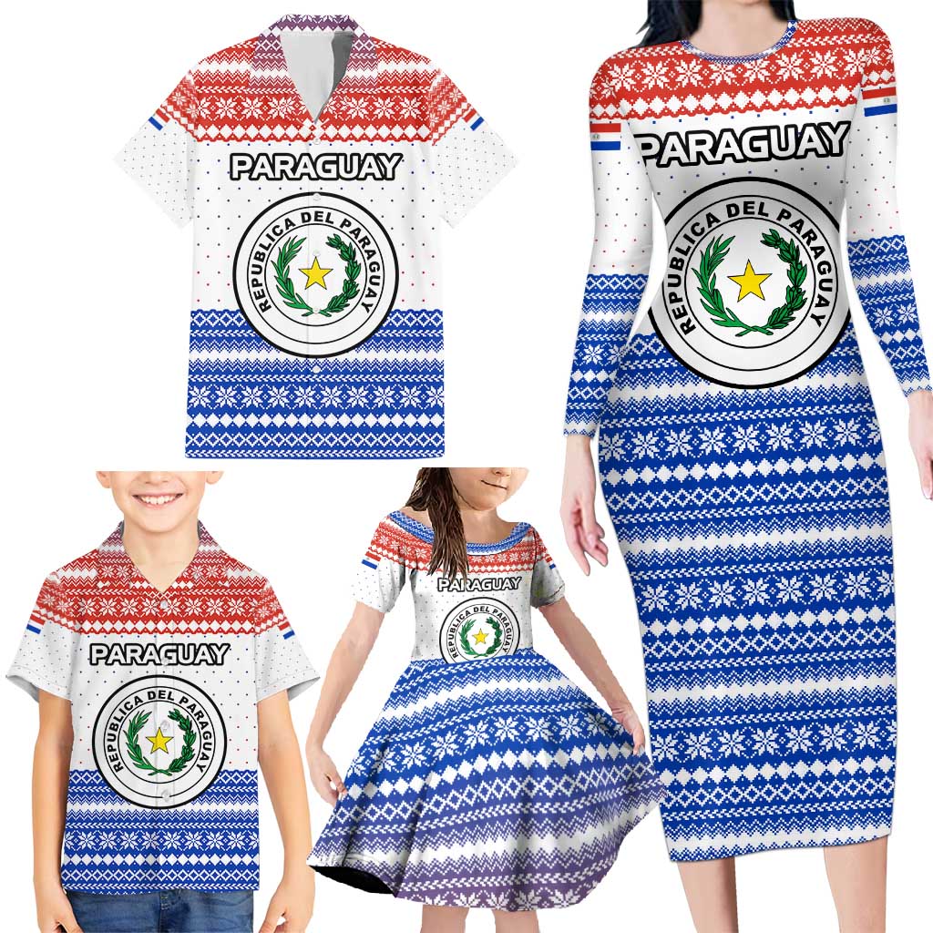 Paraguay Christmas Family Matching Long Sleeve Bodycon Dress and Hawaiian Shirt with Red-White-Blue Design, National Seal, and Santa Motif - Wonder Print Shop