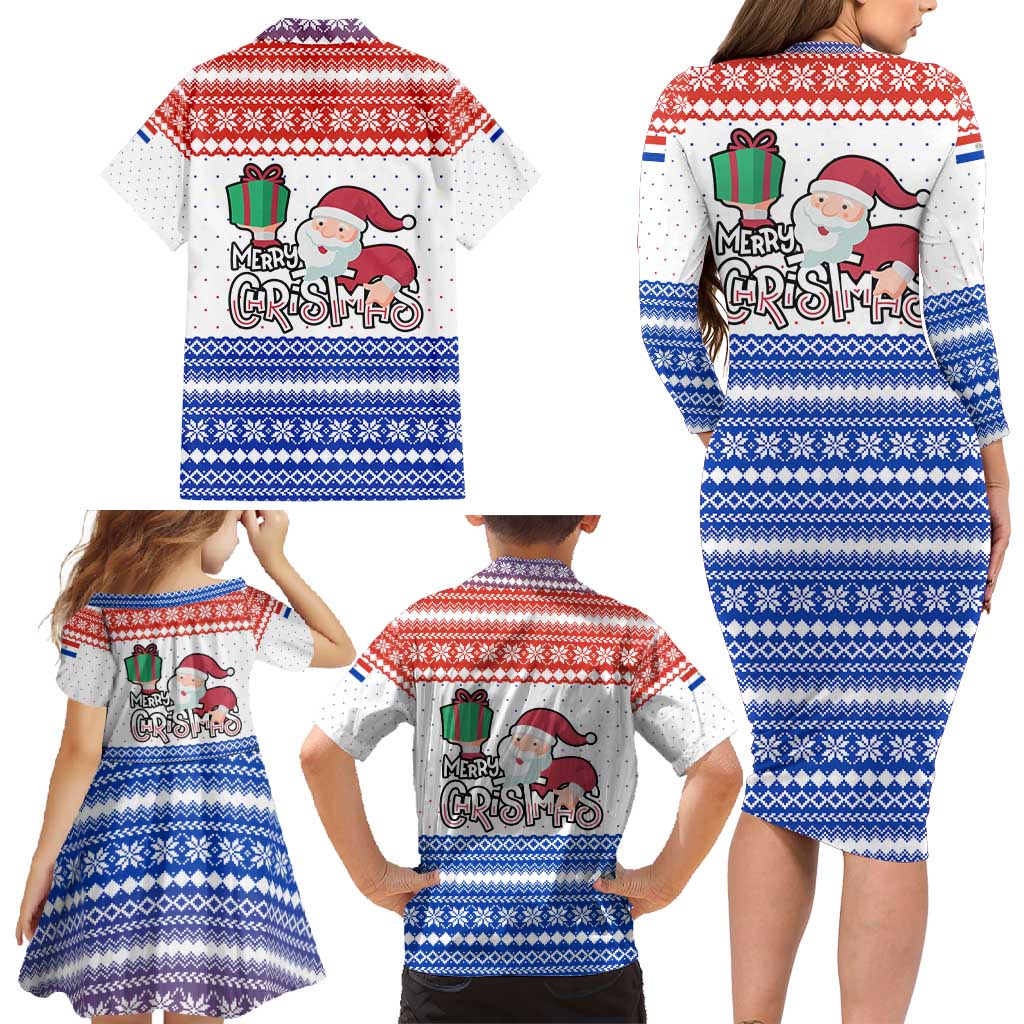 Paraguay Christmas Family Matching Long Sleeve Bodycon Dress and Hawaiian Shirt with Red-White-Blue Design, National Seal, and Santa Motif - Wonder Print Shop