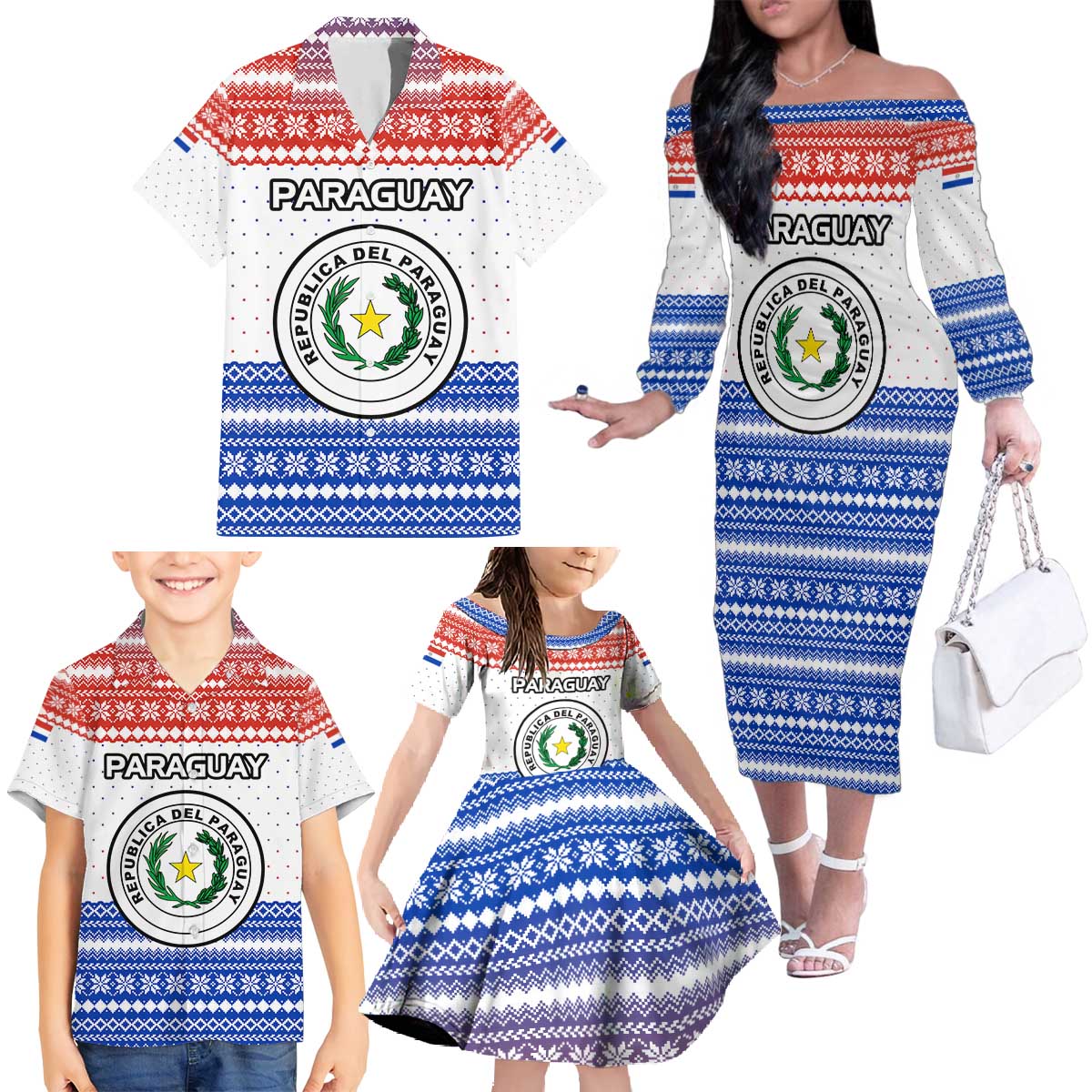 Paraguay Christmas Family Matching Off The Shoulder Long Sleeve Dress and Hawaiian Shirt with Red-White-Blue Design, National Seal, and Santa Motif - Wonder Print Shop