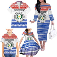 Paraguay Christmas Family Matching Off The Shoulder Long Sleeve Dress and Hawaiian Shirt with Red-White-Blue Design, National Seal, and Santa Motif - Wonder Print Shop