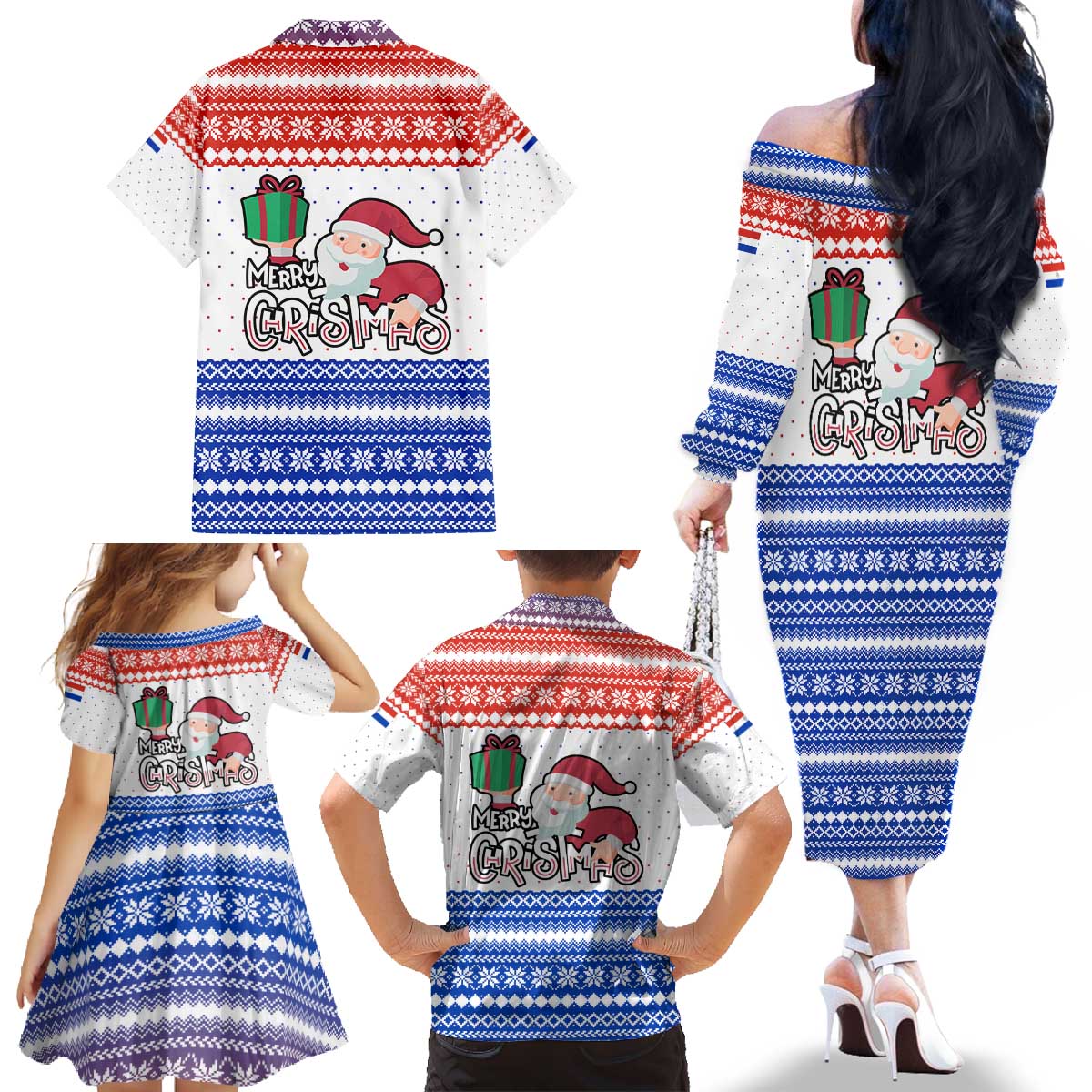 Paraguay Christmas Family Matching Off The Shoulder Long Sleeve Dress and Hawaiian Shirt with Red-White-Blue Design, National Seal, and Santa Motif - Wonder Print Shop