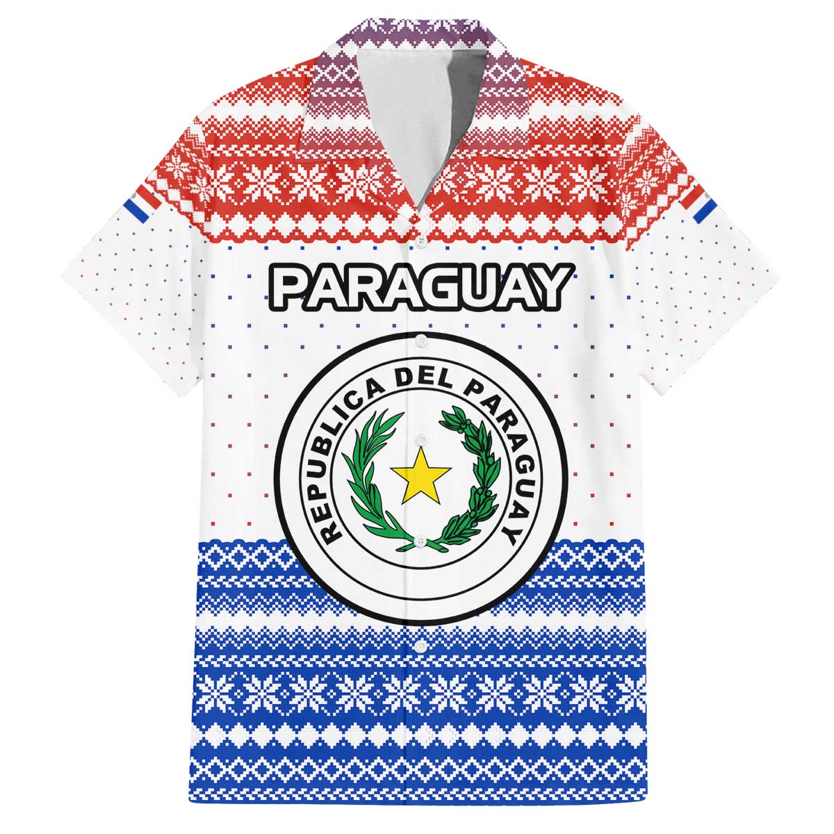 Paraguay Christmas Family Matching Off The Shoulder Long Sleeve Dress and Hawaiian Shirt with Red-White-Blue Design, National Seal, and Santa Motif - Wonder Print Shop