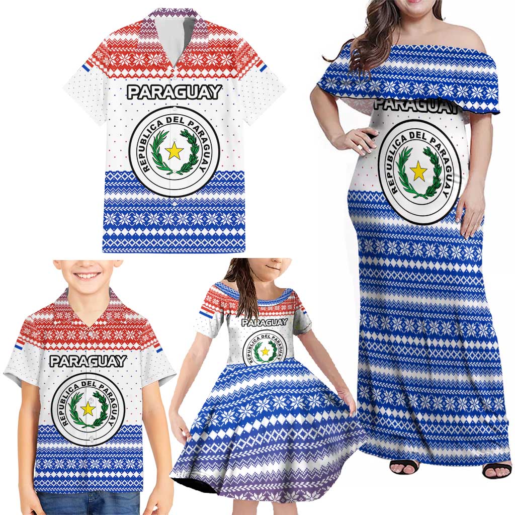 Paraguay Christmas Family Matching Off Shoulder Maxi Dress and Hawaiian Shirt with Red-White-Blue Design, National Seal, and Santa Motif - Wonder Print Shop