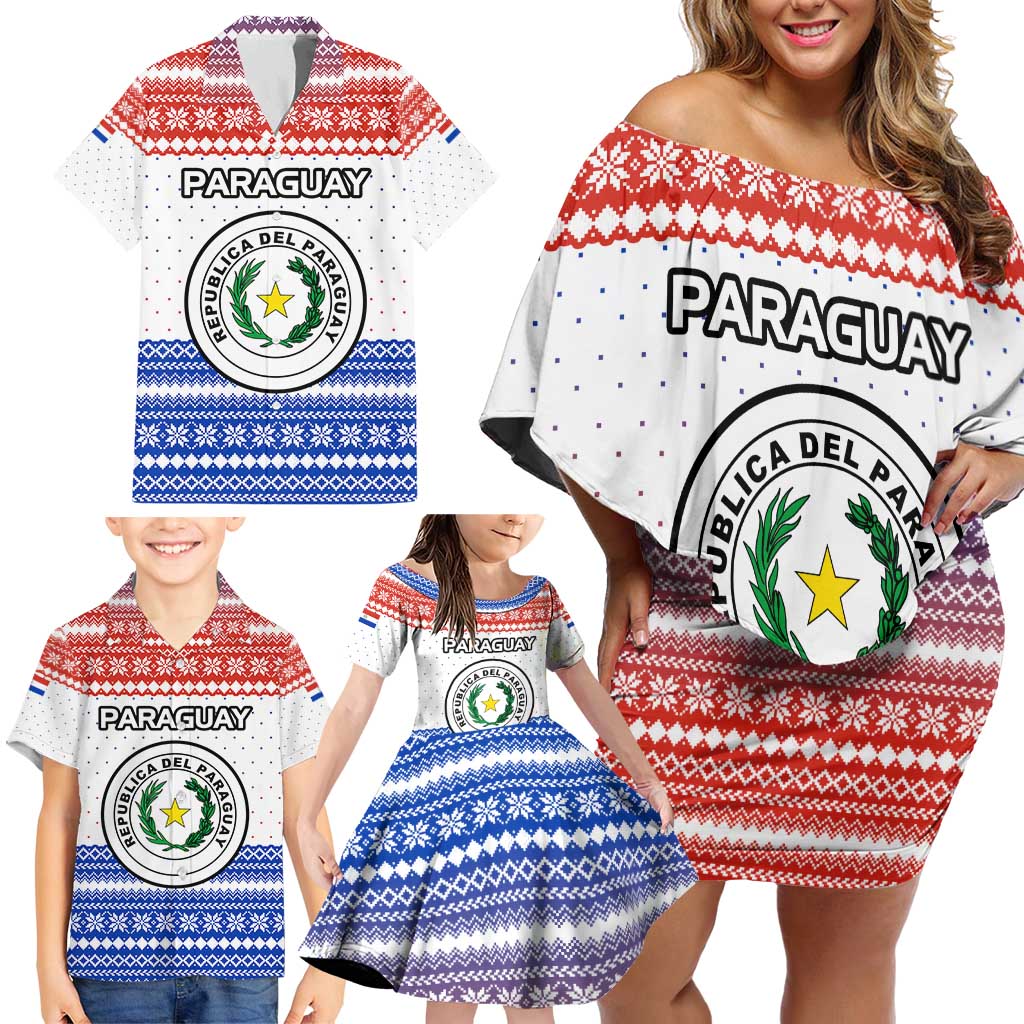 Paraguay Christmas Family Matching Off Shoulder Short Dress and Hawaiian Shirt with Red-White-Blue Design, National Seal, and Santa Motif - Wonder Print Shop