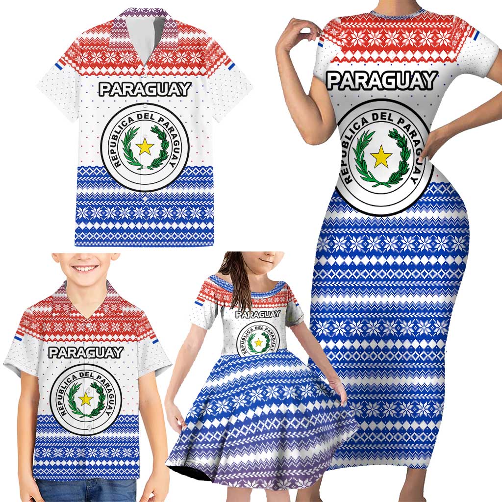 Paraguay Christmas Family Matching Short Sleeve Bodycon Dress and Hawaiian Shirt with Red-White-Blue Design, National Seal, and Santa Motif - Wonder Print Shop