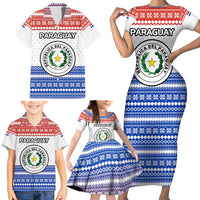 Paraguay Christmas Family Matching Short Sleeve Bodycon Dress and Hawaiian Shirt with Red-White-Blue Design, National Seal, and Santa Motif - Wonder Print Shop