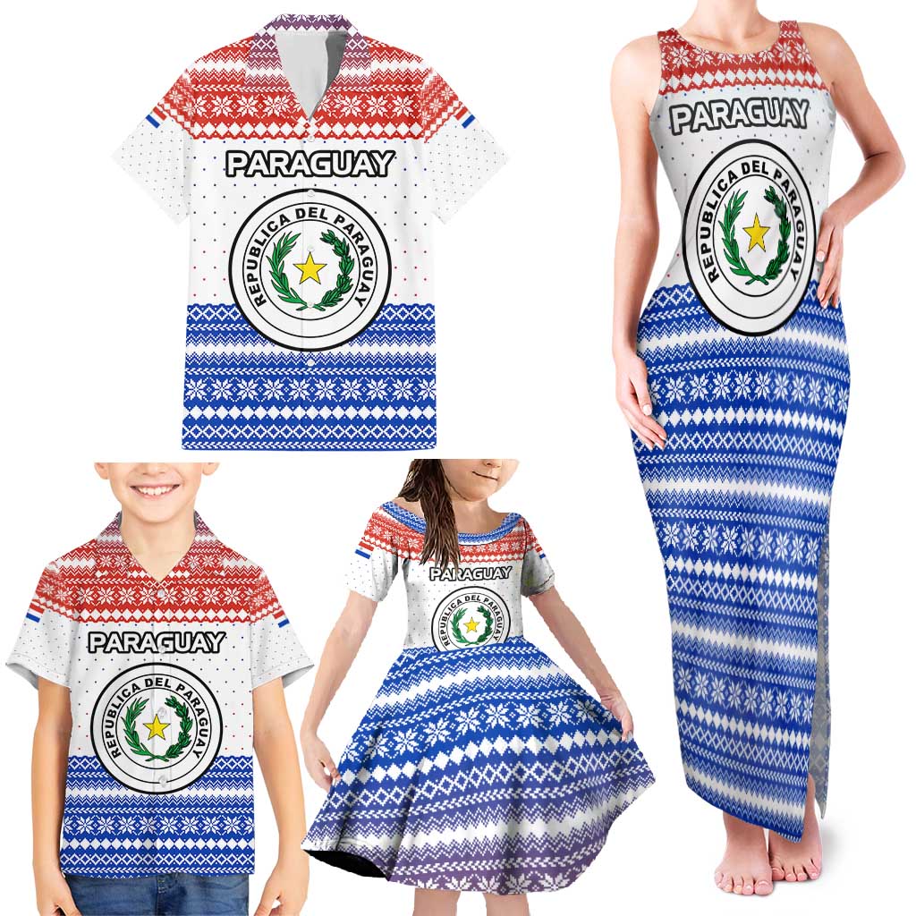 Paraguay Christmas Family Matching Tank Maxi Dress and Hawaiian Shirt with Red-White-Blue Design, National Seal, and Santa Motif - Wonder Print Shop