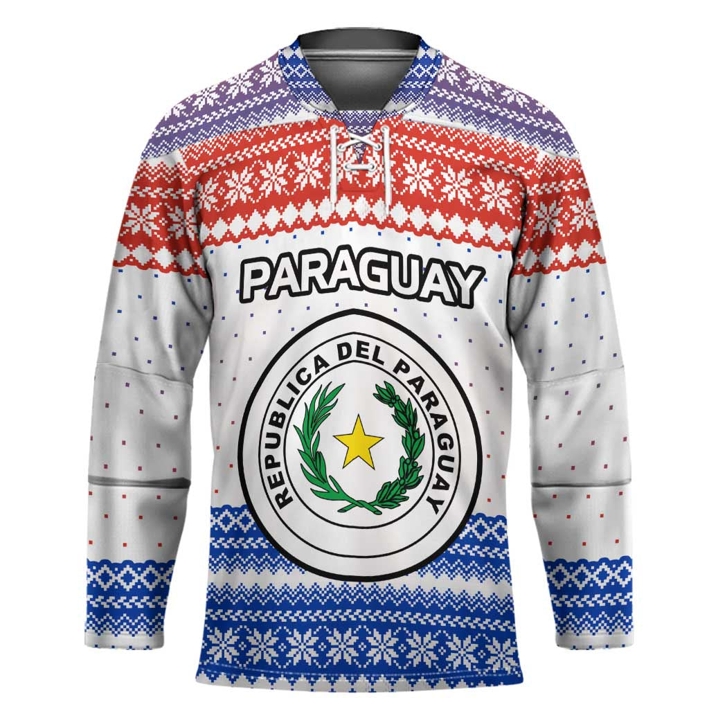 Paraguay Christmas Hockey Jersey with Red-White-Blue Design, National Seal, and Santa Motif - Wonder Print Shop