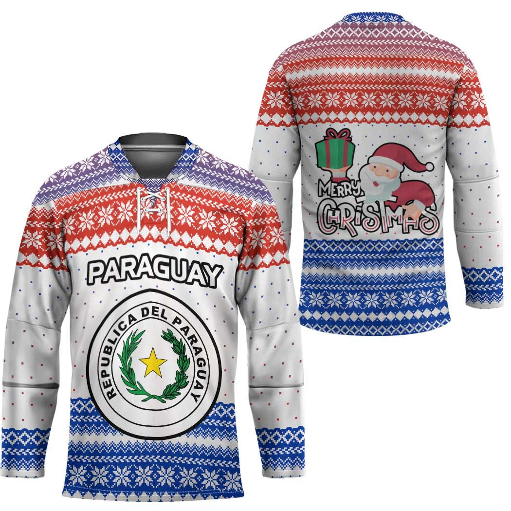 Paraguay Christmas Hockey Jersey with Red-White-Blue Design, National Seal, and Santa Motif - Wonder Print Shop