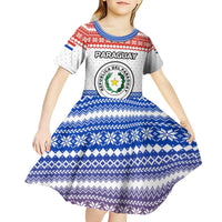 Paraguay Christmas Kid Short Sleeve Dress with Red-White-Blue Design, National Seal, and Santa Motif - Wonder Print Shop