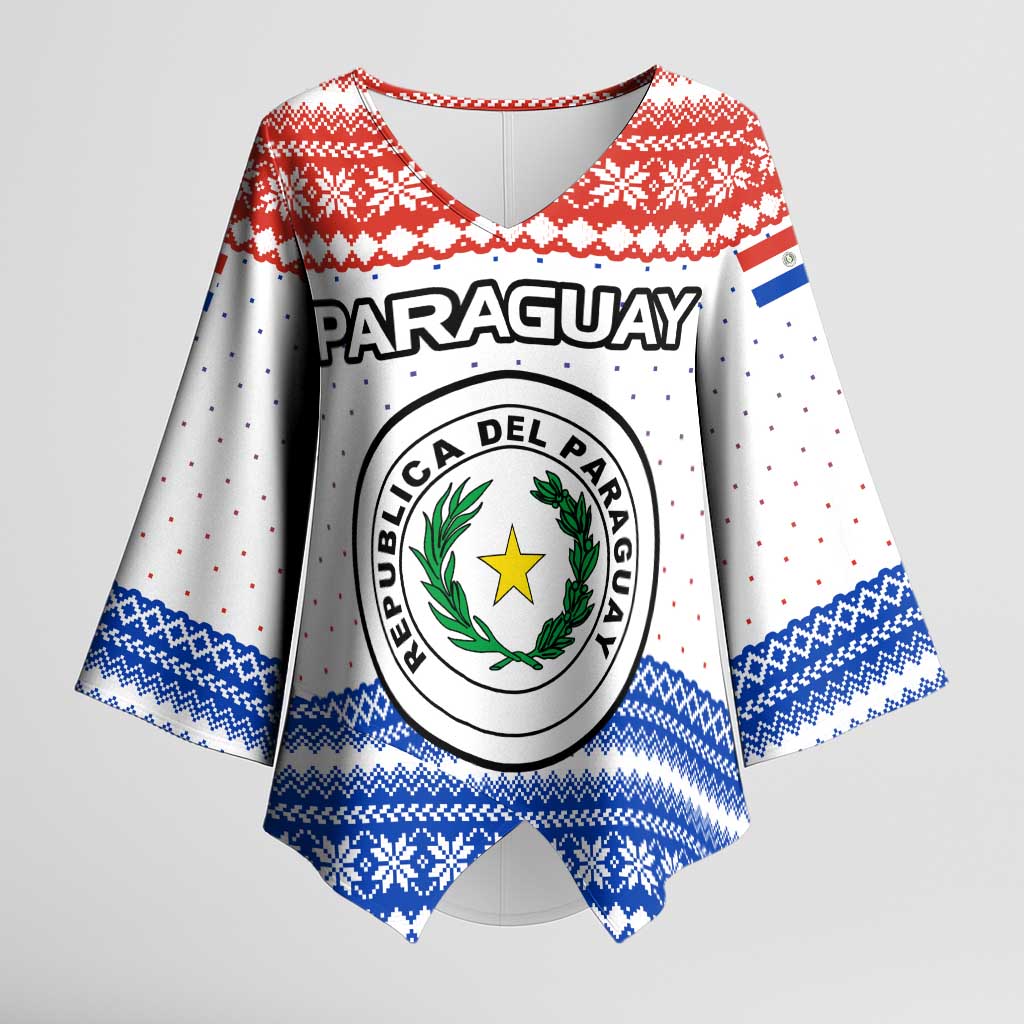 Paraguay Christmas Kimono Sleeve Blouse with Red-White-Blue Design, National Seal, and Santa Motif - Wonder Print Shop