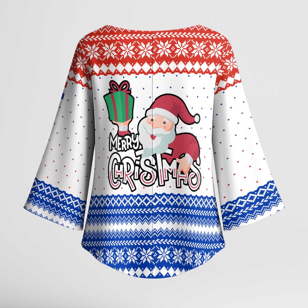 Paraguay Christmas Kimono Sleeve Blouse with Red-White-Blue Design, National Seal, and Santa Motif - Wonder Print Shop