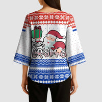 Paraguay Christmas Kimono Sleeve Blouse with Red-White-Blue Design, National Seal, and Santa Motif - Wonder Print Shop