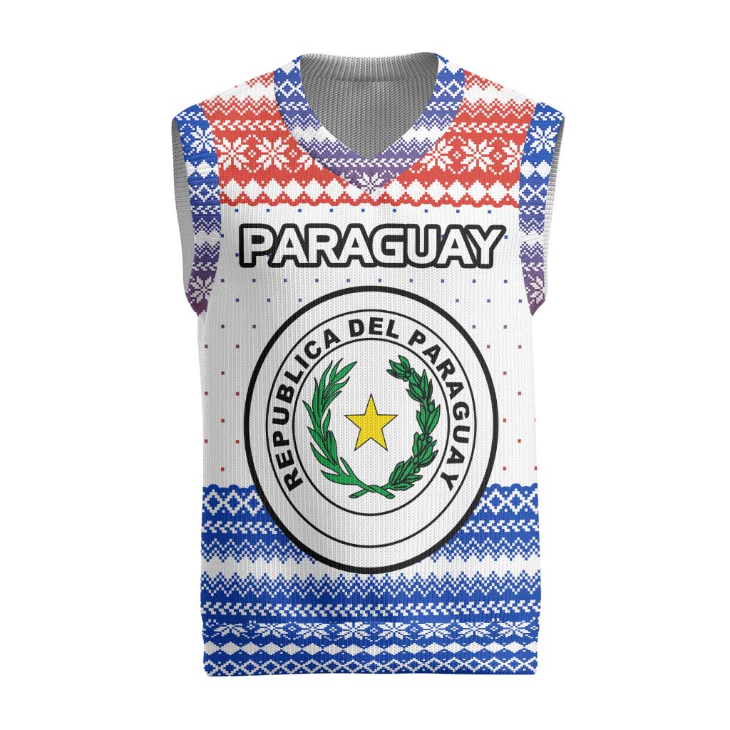 Paraguay Christmas Knitted V-Neck Vest with Red-White-Blue Design, National Seal, and Santa Motif - Wonder Print Shop