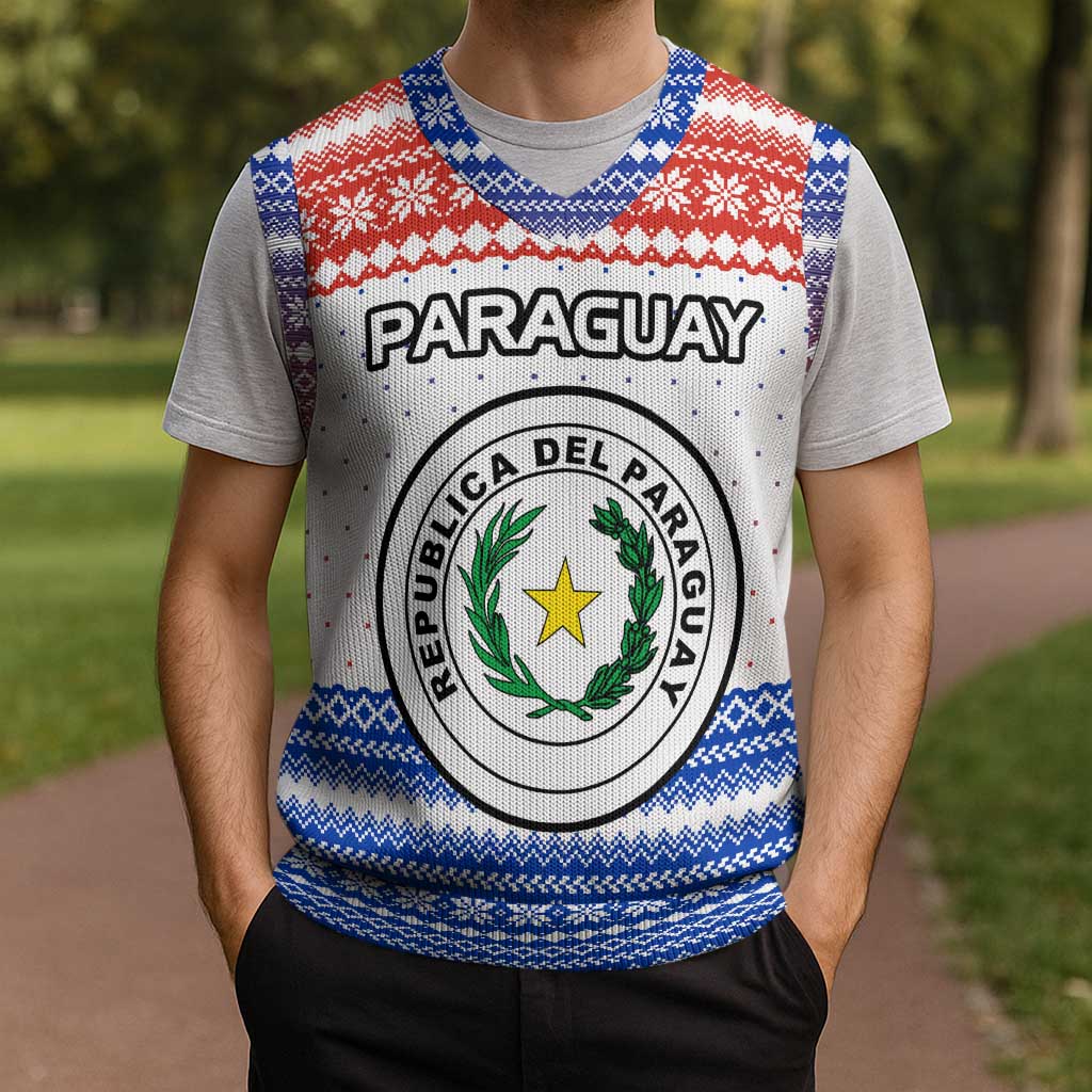 Paraguay Christmas Knitted V-Neck Vest with Red-White-Blue Design, National Seal, and Santa Motif - Wonder Print Shop