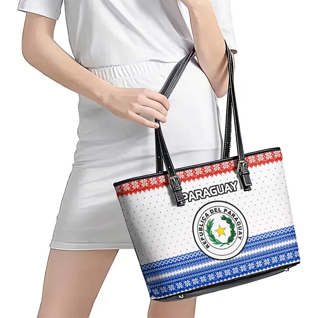 Paraguay Christmas Leather Tote Bag with Red-White-Blue Design, National Seal, and Santa Motif - Wonder Print Shop