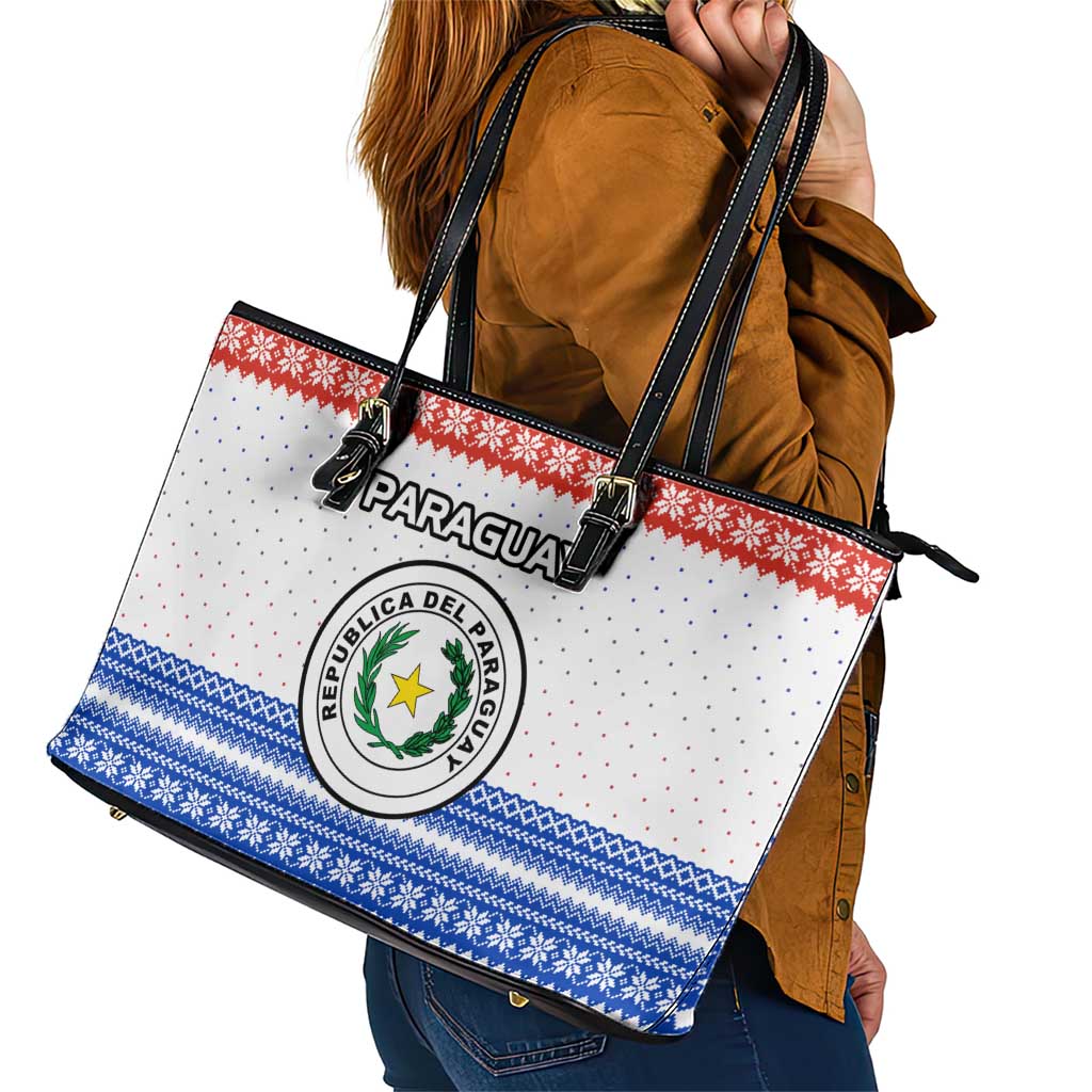 Paraguay Christmas Leather Tote Bag with Red-White-Blue Design, National Seal, and Santa Motif - Wonder Print Shop