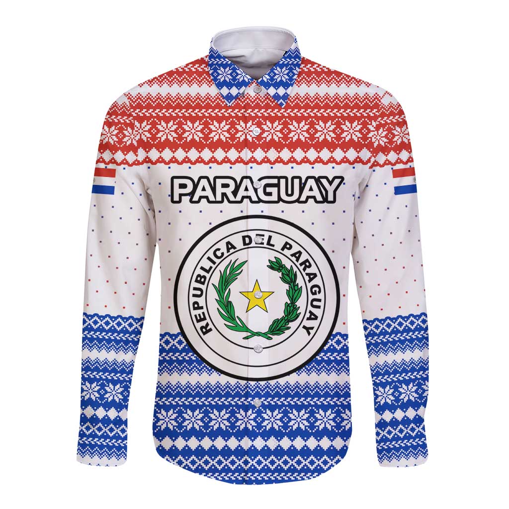 Paraguay Christmas Long Sleeve Button Shirt with Red-White-Blue Design, National Seal, and Santa Motif - Wonder Print Shop