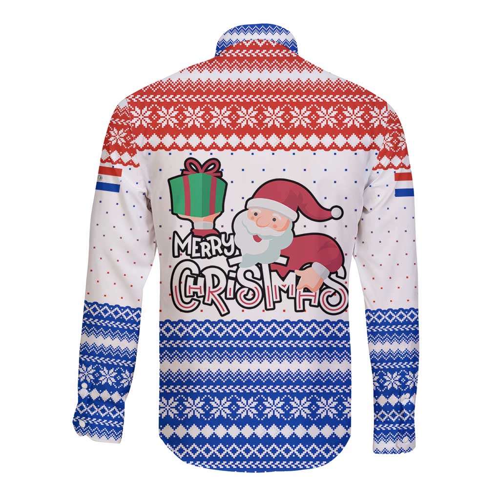 Paraguay Christmas Long Sleeve Button Shirt with Red-White-Blue Design, National Seal, and Santa Motif - Wonder Print Shop