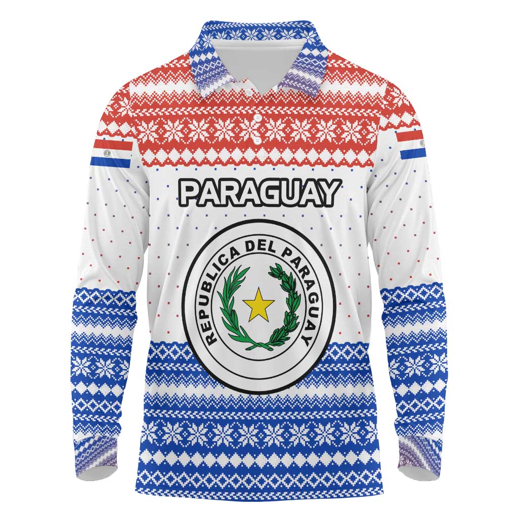 Paraguay Christmas Long Sleeve Polo Shirt with Red-White-Blue Design, National Seal, and Santa Motif - Wonder Print Shop