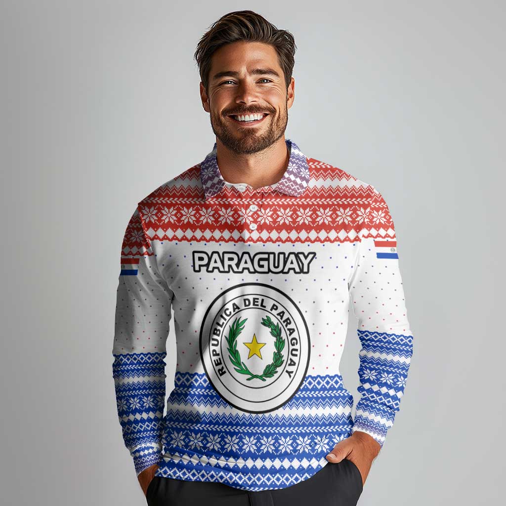 Paraguay Christmas Long Sleeve Polo Shirt with Red-White-Blue Design, National Seal, and Santa Motif - Wonder Print Shop