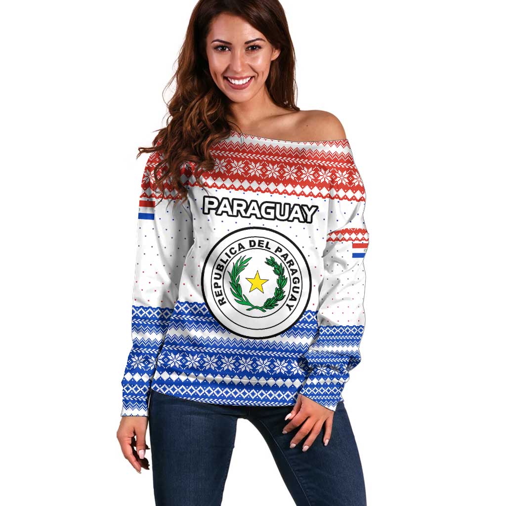 Paraguay Christmas Off Shoulder Sweater with Red-White-Blue Design, National Seal, and Santa Motif - Wonder Print Shop