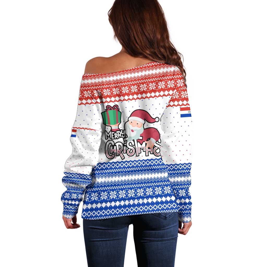 Paraguay Christmas Off Shoulder Sweater with Red-White-Blue Design, National Seal, and Santa Motif - Wonder Print Shop