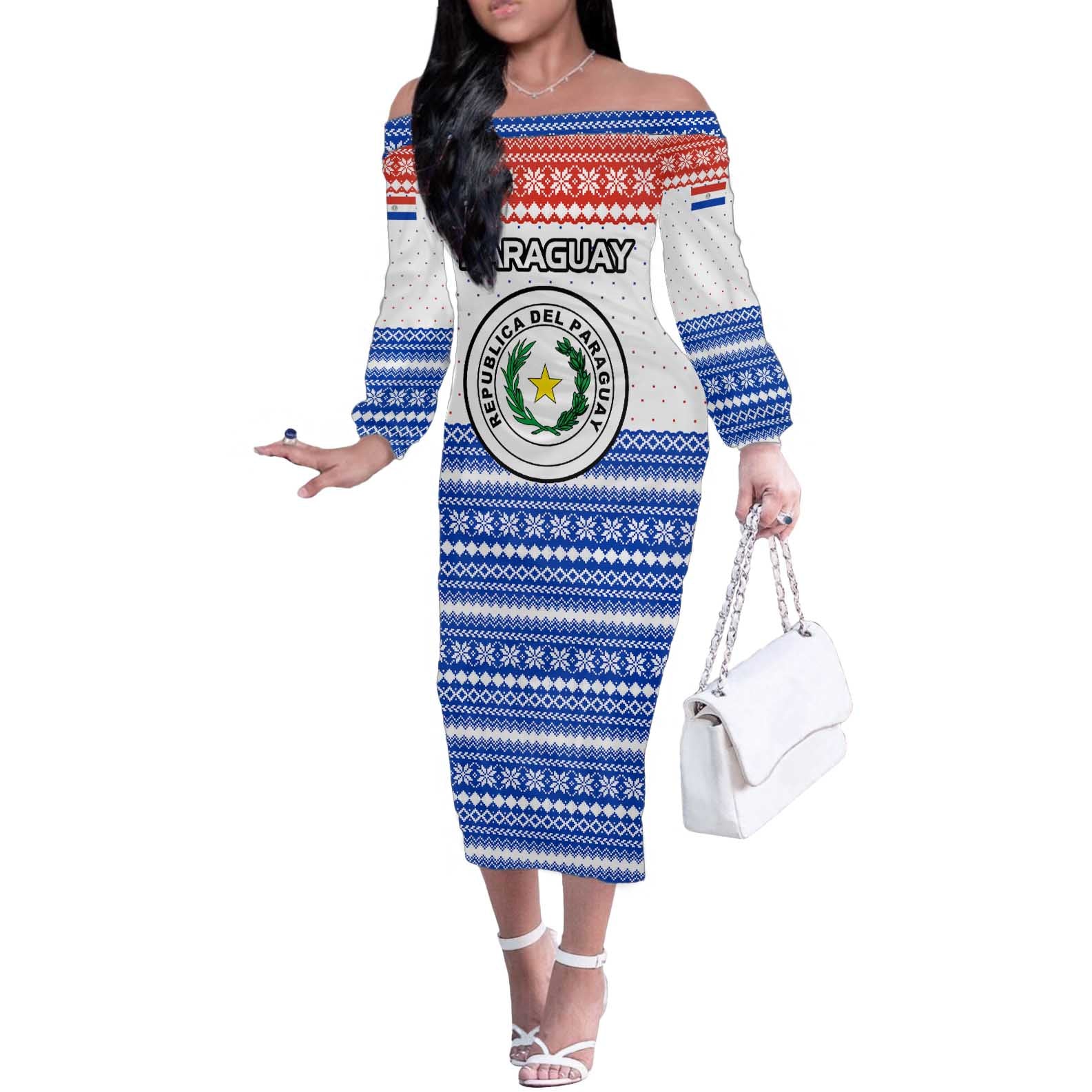 Paraguay Christmas Off The Shoulder Long Sleeve Dress with Red-White-Blue Design, National Seal, and Santa Motif - Wonder Print Shop