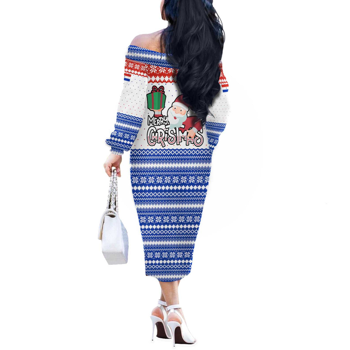 Paraguay Christmas Off The Shoulder Long Sleeve Dress with Red-White-Blue Design, National Seal, and Santa Motif - Wonder Print Shop