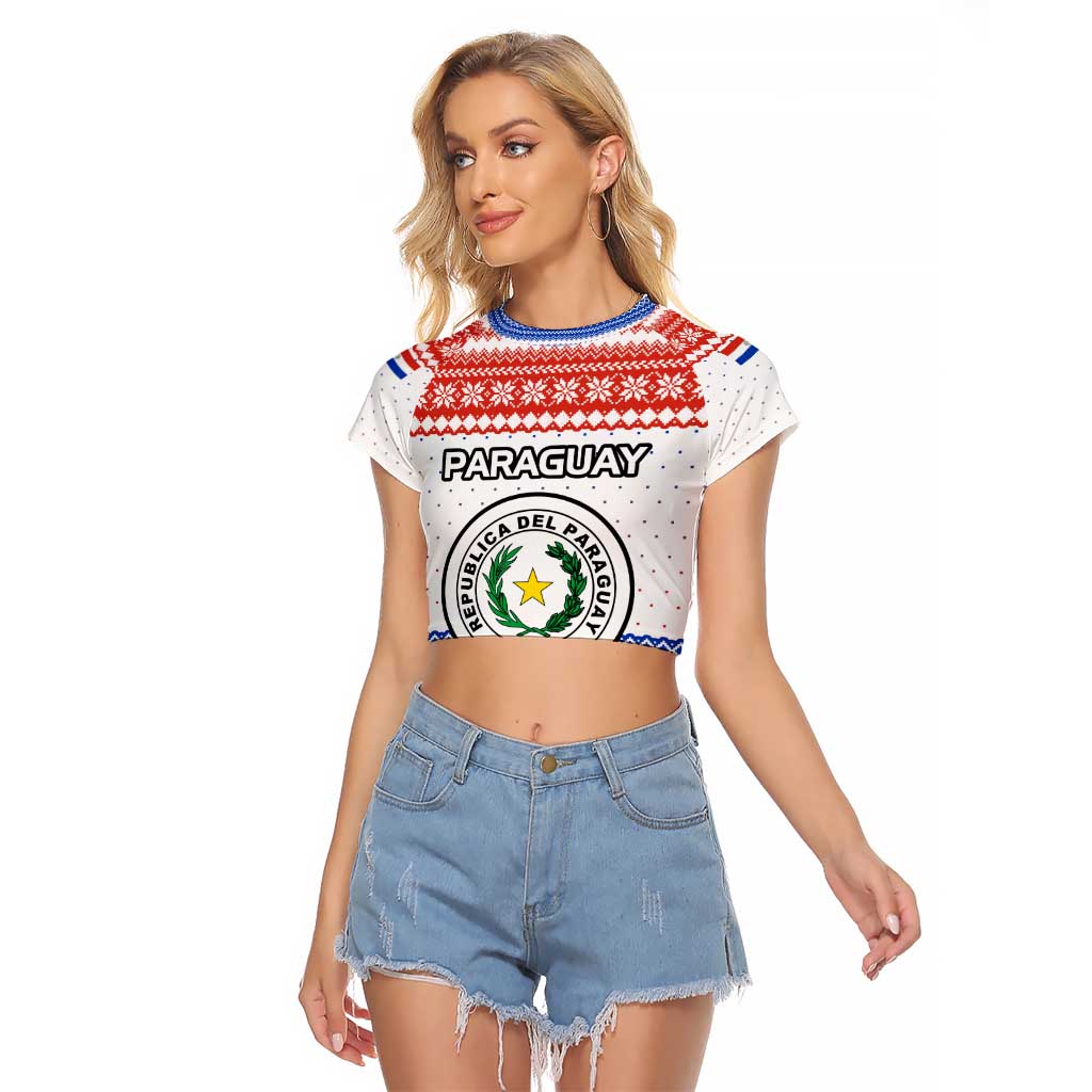Paraguay Christmas Raglan Cropped T Shirt with Red-White-Blue Design, National Seal, and Santa Motif - Wonder Print Shop