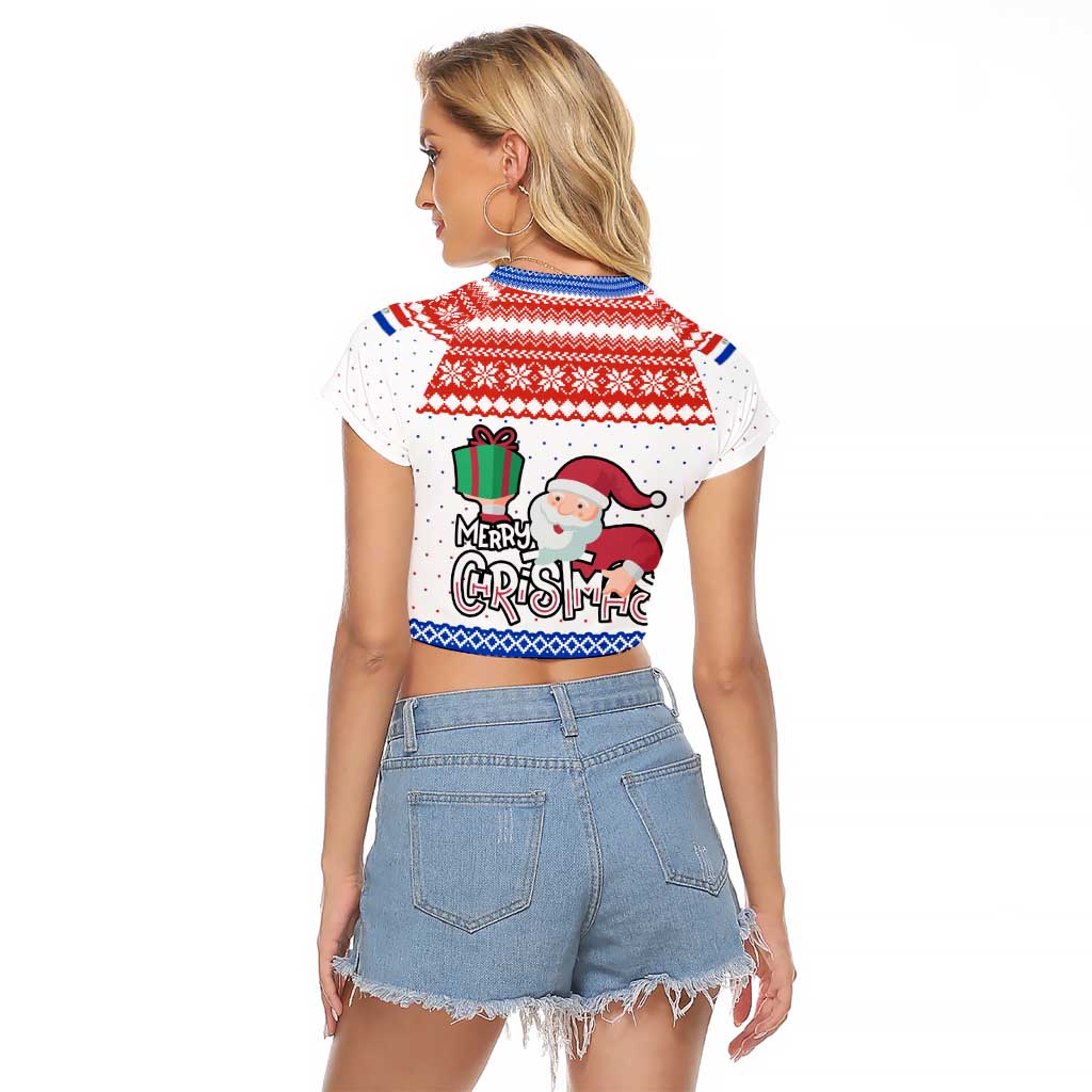 Paraguay Christmas Raglan Cropped T Shirt with Red-White-Blue Design, National Seal, and Santa Motif - Wonder Print Shop