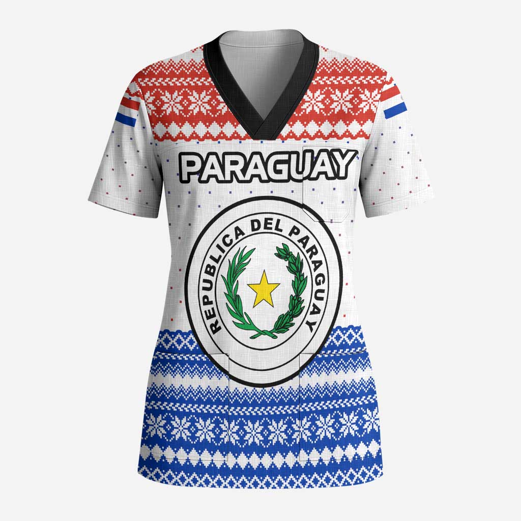 Paraguay Christmas Scrub Top with Red-White-Blue Design, National Seal, and Santa Motif - Wonder Print Shop